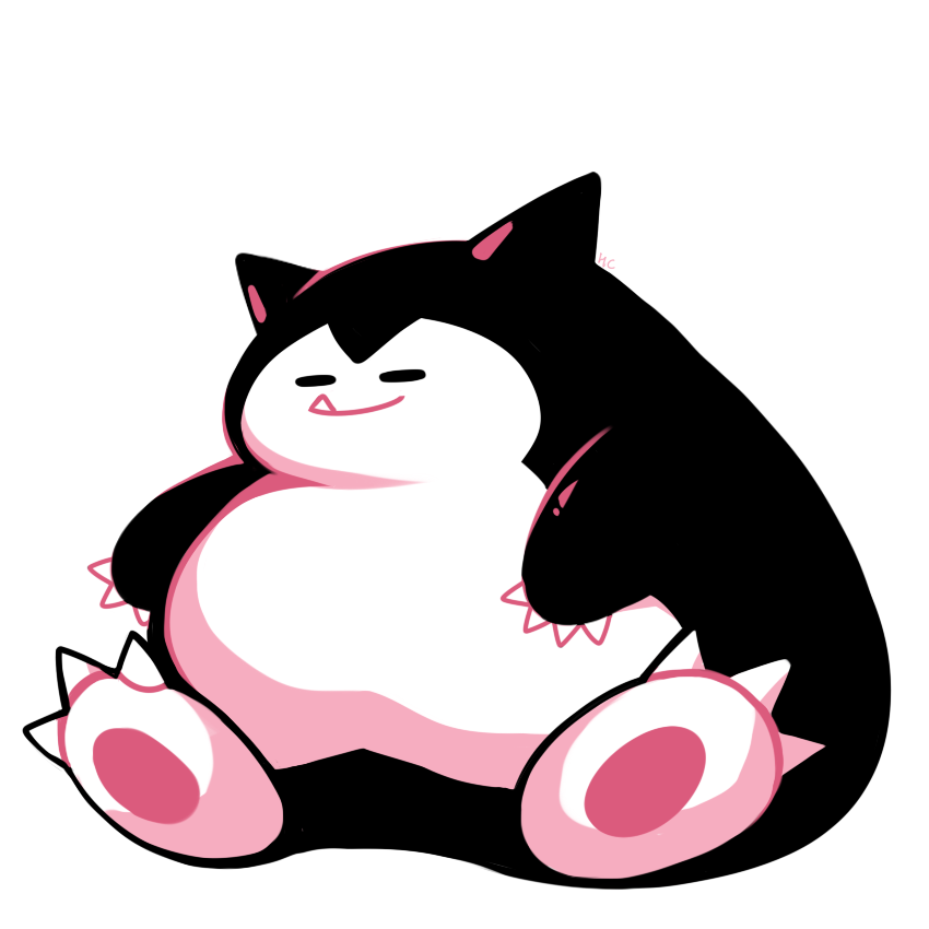 claws closed_eyes closed_mouth commentary creature english_commentary facing_viewer fang full_body gen_1_pokemon monochrome no_humans pokemon pokemon_(creature) pokemon_(game) pokemon_rgby pokemon_rgby_(style) rumwik signature simple_background sitting smile snorlax solo white_background