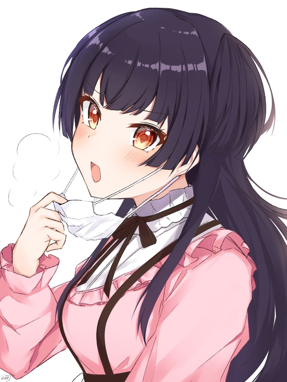 1girl :o bangs black_bow black_hair blush bow breasts brown_eyes eyebrows_visible_through_hair highres idolmaster idolmaster_shiny_colors long_hair long_sleeves looking_at_viewer mask mask_pull mayuzumi_fuyuko medium_breasts meuneyu mouth_mask open_mouth pink_shirt pulled_by_self shirt simple_background solo steam surgical_mask two_side_up upper_body white_background