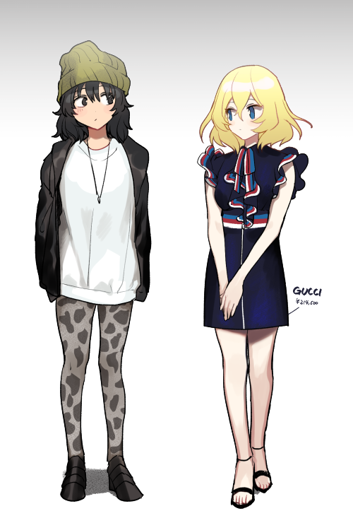 2girls andou_(girls_und_panzer) bangs beanie black_footwear black_hair black_jacket blonde_hair blue_dress blue_eyes brown_eyes brown_headwear casual closed_mouth commentary_request dark_skin dress girls_und_panzer gradient gradient_background grey_background grey_legwear hat jacket jewelry long_sleeves medium_dress medium_hair messy_hair multiple_girls necklace oshida_(girls_und_panzer) pantyhose print_legwear sandals shoes short_dress sleeveless sleeveless_dress standing tan3charge white_dress