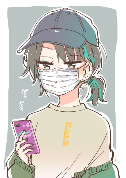 1girl baseball_cap brown_hair cellphone eyebrows_visible_through_hair hat looking_at_phone mask mouth_mask nail_polish off-shoulder_sweater off_shoulder original phone purple_background shirt short_ponytail smartphone sodapop_(iemaki) solo surgical_mask sweater t-shirt upper_body