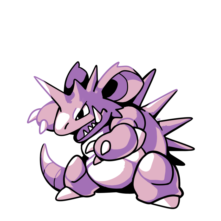 black_eyes claws commentary creature english_commentary full_body gen_1_pokemon nidoking no_humans pokemon pokemon_(creature) rumwik sharp_teeth signature simple_background solo standing teeth white_background