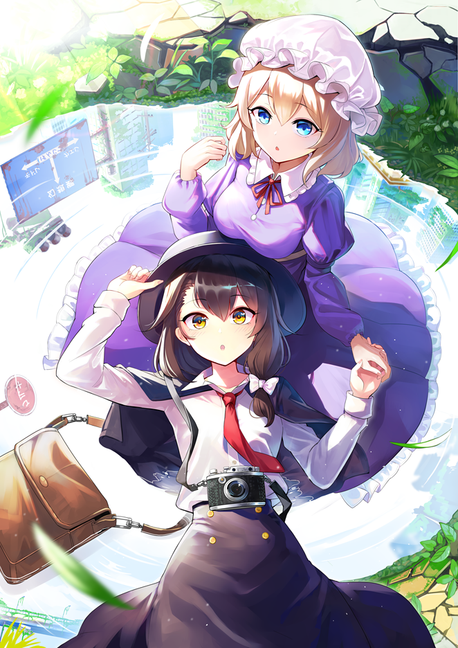 2girls :o adjusting_clothes adjusting_hat arm_up bag bangs black_headwear black_skirt blonde_hair blue_eyes breasts brown_hair camera commentary_request dress emerane eyebrows_visible_through_hair fedora frilled_shirt_collar frills hair_between_eyes hand_up hat juliet_sleeves long_sleeves looking_at_viewer lying maribel_hearn medium_breasts mob_cap multiple_girls neck_ribbon necktie on_back parted_lips petticoat puffy_sleeves purple_dress red_neckwear red_ribbon ribbon satchel shirt short_hair skirt touhou usami_renko white_headwear white_shirt yellow_eyes