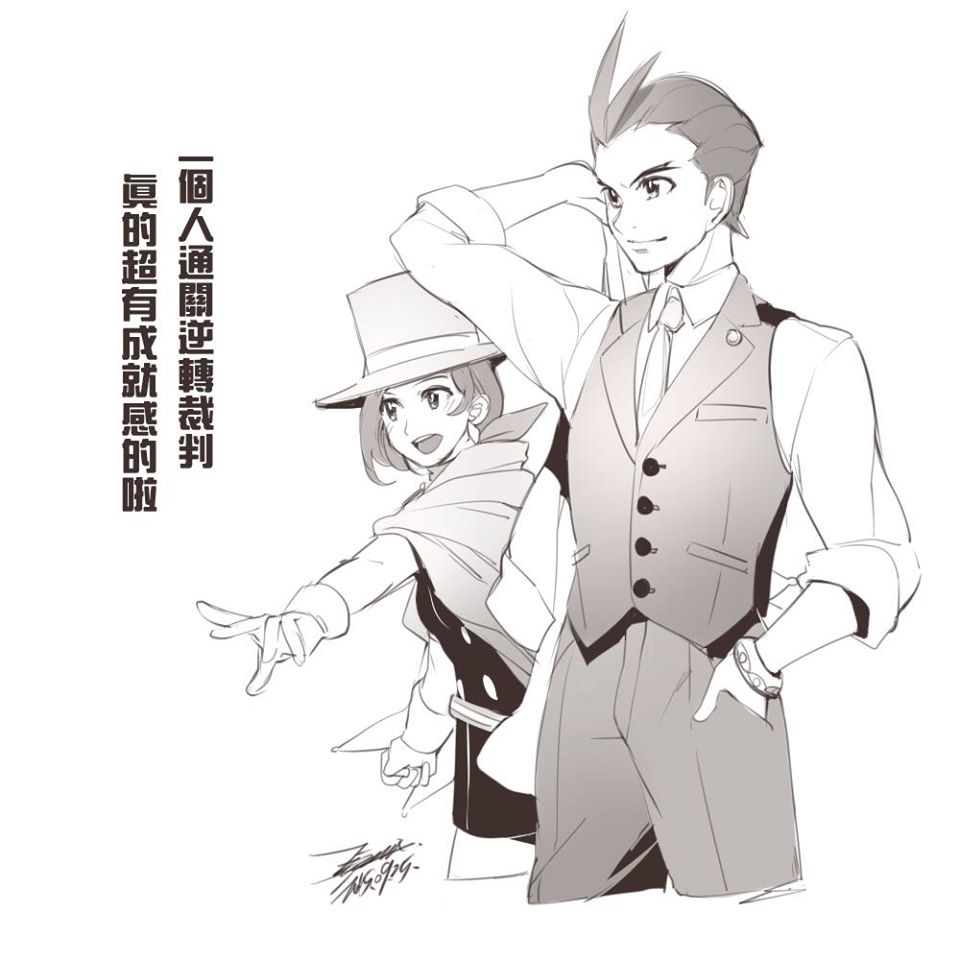 1boy 1girl breasts cape closed_mouth dress ejami gloves gyakuten_saiban gyakuten_saiban_4 hat magician monochrome naruhodou_minuki odoroki_housuke open_mouth short_hair simple_background smile top_hat white_background