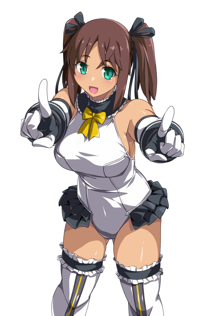 1girl alice_gear_aegis breasts brown_hair cosplay dark_skin dead_or_alive frilled_legwear frilled_leotard frills green_eyes highres kaneshiya_sitara large_breasts leotard long_hair looking_at_viewer marie_rose marie_rose_(cosplay) open_mouth pointing pointing_at_viewer simple_background smile solo thigh-highs twintails white_background white_legwear white_leotard yukitaka
