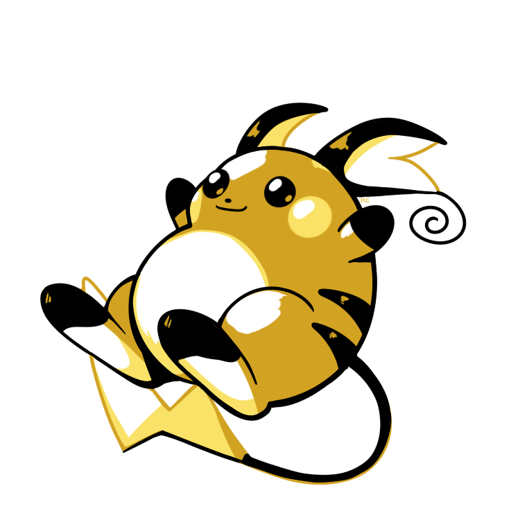 closed_mouth commentary creature english_commentary full_body gen_1_pokemon jumping no_humans pokemon pokemon_(creature) raichu rumwik signature simple_background smile solo white_background