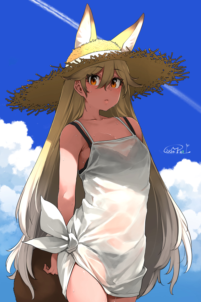 1girl animal_ear_fluff animal_ears arms_behind_back bangs bare_shoulders blonde_hair blue_sky bra bra_through_clothes breasts clouds collarbone commentary_request condensation_trail cowboy_shot dated dress ears_through_headwear expressionless extra_ears eyebrows_visible_through_hair ezo_red_fox_(kemono_friends) fox_ears fox_girl fox_tail gradient_hair hair_between_eyes happa_(cloverppd) hat highres kemono_friends long_hair looking_at_viewer multicolored_hair orange_eyes panties pink_bra pink_panties see-through shade signature sky small_breasts solo spaghetti_strap straw_hat sun_hat tail tied_dress underwear very_long_hair water_drop wet wet_clothes wet_dress white_dress white_hair