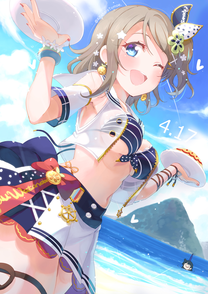 2girls ;d bikini blue_eyes blue_sky blush breasts brown_hair clouds commentary_request dated day earrings food hair_ornament highres jewelry kitahara_tomoe_(kitahara_koubou) love_live! love_live!_sunshine!! medium_breasts multiple_girls nail_polish navel ocean one_eye_closed open_mouth plate red_nails short_hair skirt sky smile striped striped_bikini striped_bikini_top swimsuit tsushima_yoshiko twitter_username watanabe_you white_skirt x_hair_ornament