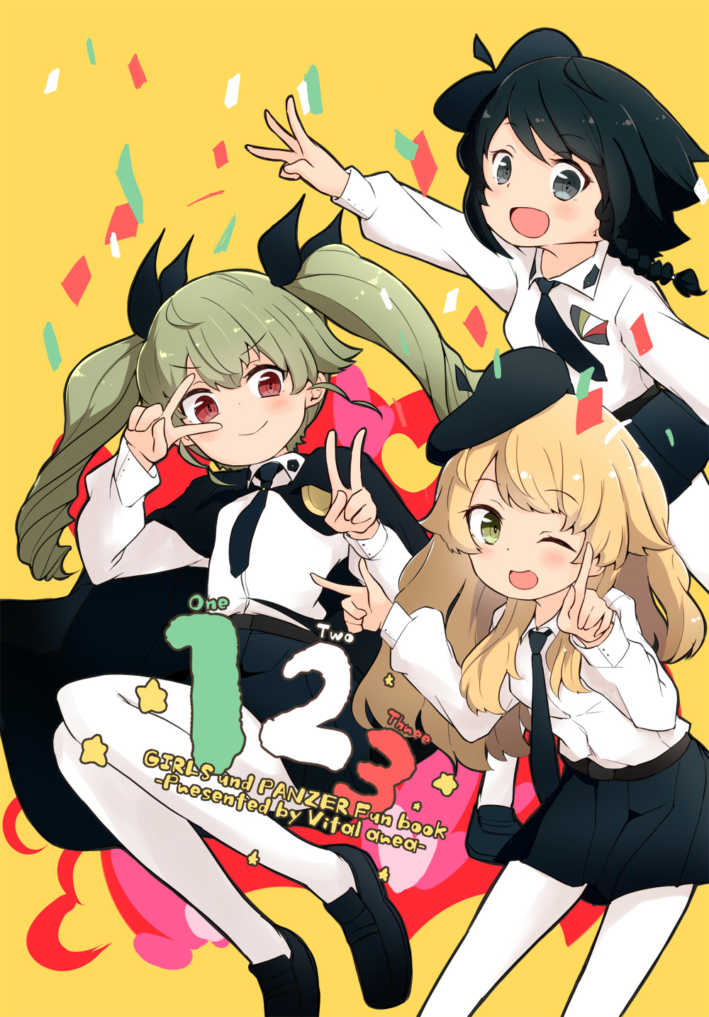 3girls :d ;d anchovy_(girls_und_panzer) anzio_school_uniform bangs barashiya belt beret black_belt black_cape black_eyes black_footwear black_hair black_headwear black_neckwear black_ribbon black_skirt blonde_hair braid cape carpaccio_(girls_und_panzer) circle_name commentary_request copyright_name double_v dress_shirt drill_hair emblem english_text eyebrows_visible_through_hair floating girls_und_panzer green_eyes green_hair hair_ribbon hat highres index_finger_raised loafers long_hair long_sleeves looking_at_viewer middle_w miniskirt multiple_girls necktie number one_eye_closed open_mouth pantyhose partial_commentary pepperoni_(girls_und_panzer) pleated_skirt red_eyes ribbon school_uniform shirt shoes short_hair side_braid skirt smile standing tilted_headwear twin_drills twintails v waving white_legwear white_shirt yellow_background