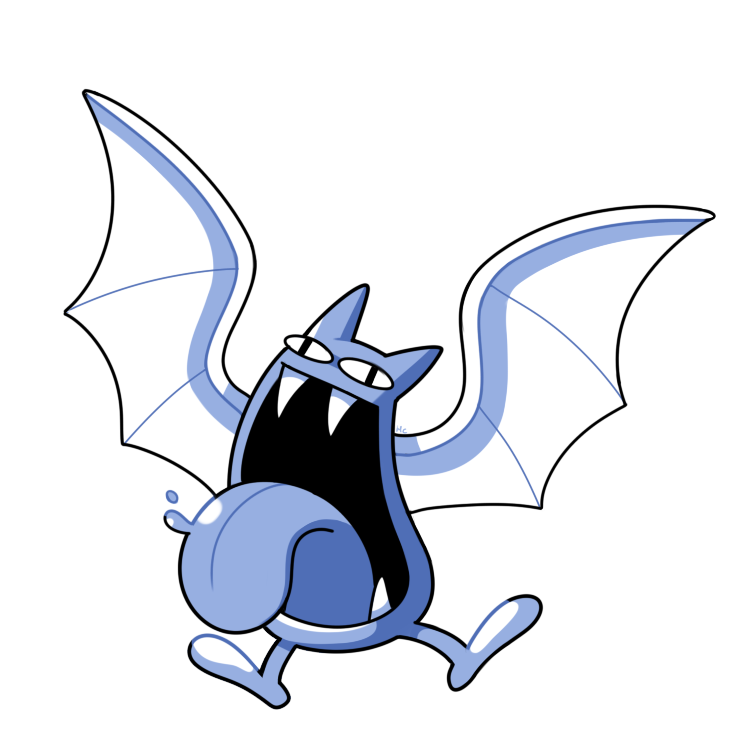 blue_theme commentary creature english_commentary fangs flying full_body gen_1_pokemon golbat looking_at_viewer monochrome no_humans pokemon pokemon_(creature) pokemon_(game) pokemon_rgby pokemon_rgby_(style) rumwik saliva signature simple_background solo tongue tongue_out white_background