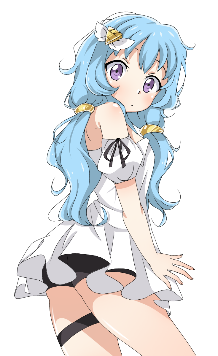 1girl :_nishiro_nya :o artist_name:_chankyone ass beyblade beyblade:_burst blue_hair blush breasts character_name dress highres jewelry long_hair open_eyes pantyhose pantyhose_pull short_dress short_twintails small_breasts twintails violet_eyes white_dress