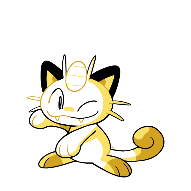 cat cat_focus commentary creature english_commentary fangs full_body gen_1_pokemon looking_at_viewer meowth no_humans one_eye_closed pokemon pokemon_(creature) rumwik signature simple_background solo standing white_background white_theme