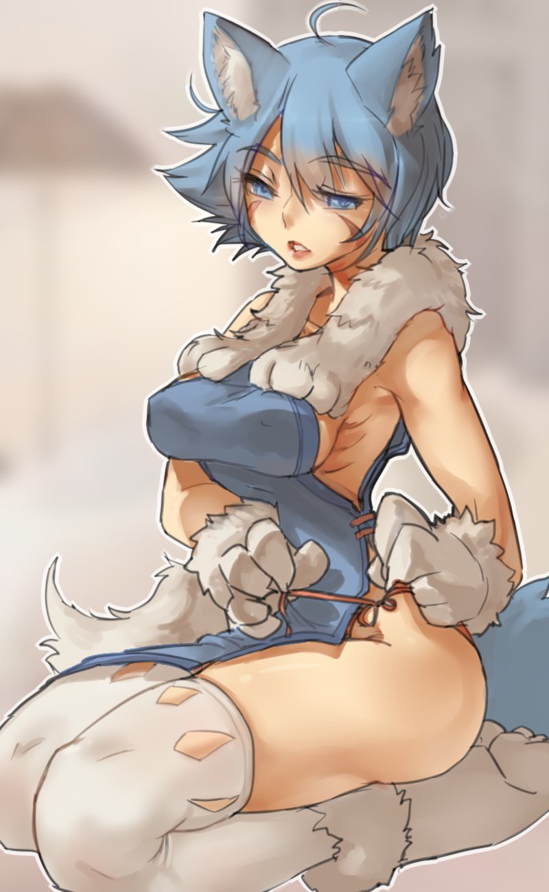 1girl animal_ears blue_hair blush eyebrows_visible_through_hair facial_mark fur-trimmed_gloves fur_trim gloves gruntfrostwolf highres naked_tabard open_mouth original short solo tabard tail thigh-highs wolf_ears wolf_girl wolf_tail