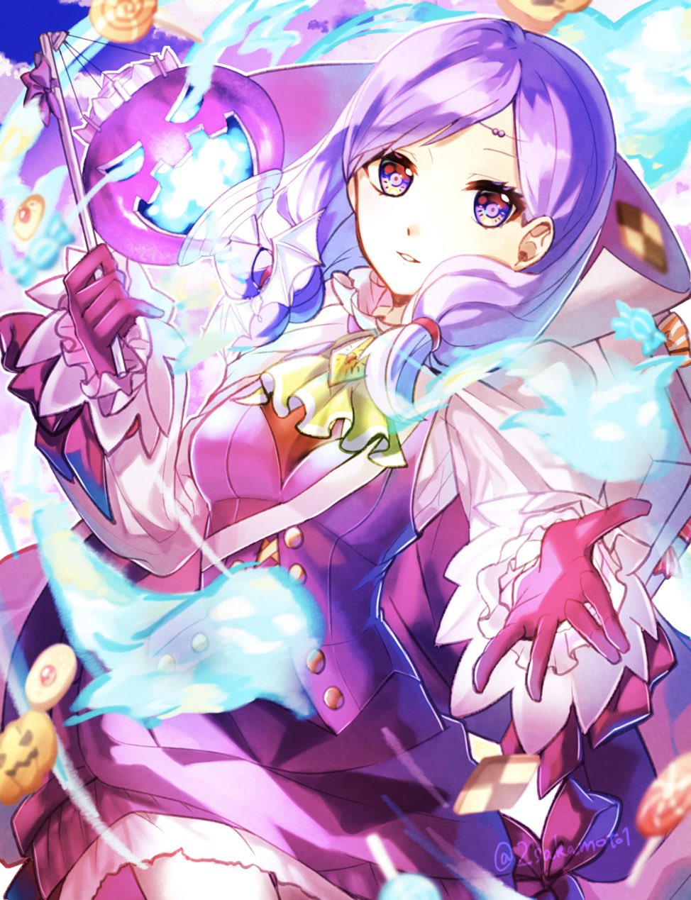 1girl 2sakamoto1 dress fire_emblem fire_emblem:_path_of_radiance fire_emblem_heroes gloves halloween_costume highres holding ilyana_(fire_emblem) long_sleeves parted_lips pink_gloves purple_hair solo twitter_username