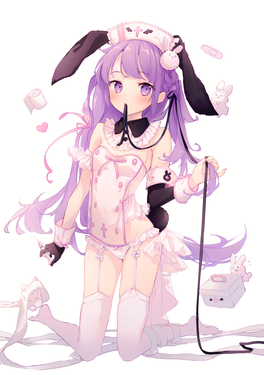 1girl animal animal_ears armband bandages bandaid bangs black_gloves black_ribbon black_sleeves blush braid breasts bunny_hair_ornament closed_mouth collar commentary_request detached_collar detached_sleeves eyebrows_visible_through_hair frilled_collar frills garter_straps gloves hair_ornament hair_ribbon hat heart highres holding kneeling long_hair long_sleeves looking_at_viewer mouth_hold no_shoes nurse nurse_cap original pink_ribbon purple_hair rabbit rabbit_ears ribbon ribbon_in_mouth safety_pin simple_background single_detached_sleeve single_glove small_breasts solo strapless suzumori_uina thigh-highs very_long_hair violet_eyes white_background white_collar white_headwear white_legwear