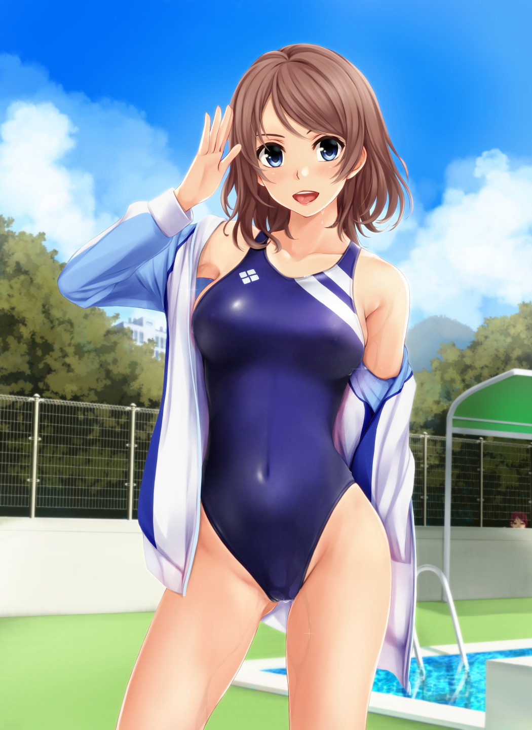 1girl bangs bare_shoulders blue_eyes blue_swimsuit blush breasts brown_hair clouds collarbone commentary_request covered_navel day highleg highres jacket large_breasts long_sleeves looking_at_viewer love_live! love_live!_sunshine!! nonaka_ritsu open_mouth outdoors short_hair smile solo swimsuit tongue tongue_out watanabe_you white_jacket
