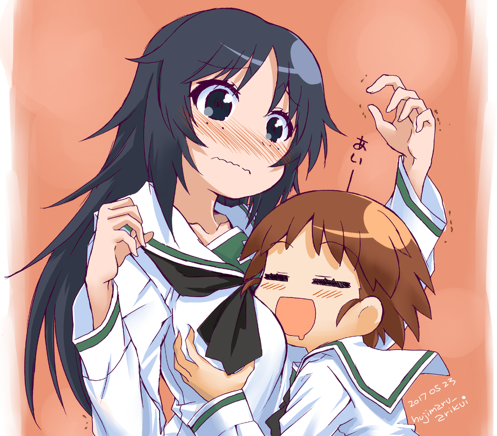 2girls :d artist_name bangs black_neckwear blouse blue_eyes blue_hair breast_grab closed_eyes closed_mouth commentary dated eyebrows_visible_through_hair female_pervert freckles frown fujimaru_arikui girls_und_panzer grabbing head_on_chest long_hair long_sleeves looking_at_another multiple_girls neckerchief ooarai_school_uniform open_mouth pervert sakaguchi_karina saliva school_uniform serafuku smile standing translated trembling wavy_mouth white_blouse yamagou_ayumi