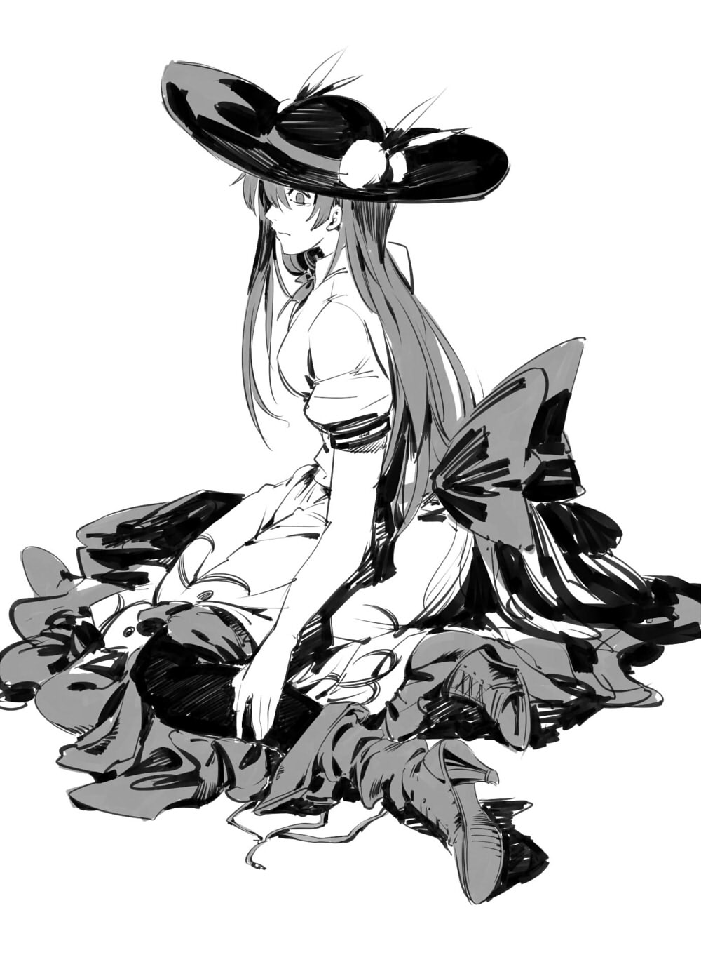 1girl ankle_boots back_bow boots bow closed_mouth food fruit full_body greyscale hat high_heel_boots high_heels highres hinanawi_tenshi long_hair long_skirt looking_at_viewer looking_to_the_side monochrome peach puffy_short_sleeves puffy_sleeves ruukii_drift shirt short_sleeves simple_background sitting skirt solo sun_hat touhou white_background