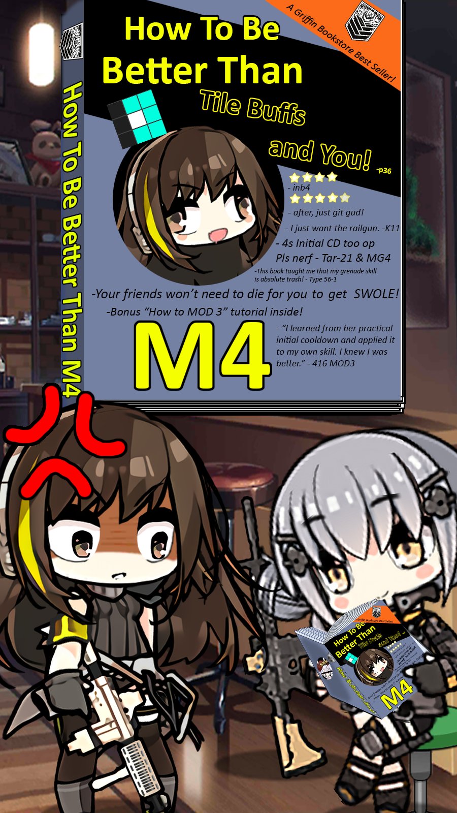 1hr10min 2girls anger_vein angry assault_rifle bangs bar bar_stool bgm-71_(girls_frontline) blush book brown_eyes brown_hair chibi commentary drooling english_text eyebrows_visible_through_hair full_body girls_frontline gloves green_hair gun hair_ornament hairclip headphones highres holding holding_weapon jacket long_hair m4_carbine m4a1_(girls_frontline) multicolored_hair multiple_girls reading rifle shelf silver_hair sitting sitting_on_object smile standing stool streaked_hair stuffed_animal stuffed_toy teddy_bear weapon