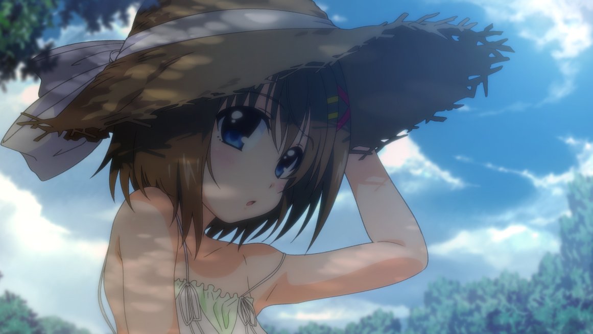 1girl armpit_peek bare_shoulders blue_eyes blush brown_hair clouds collarbone eyebrows_visible_through_hair hair_ornament hairclip hat looking_at_viewer looking_to_the_side lyrical_nanoha mahou_shoujo_lyrical_nanoha mahou_shoujo_lyrical_nanoha_a's outdoors shiny shiny_hair shiny_skin short_hair sky smile solo straw_hat syu1 tree upper_body yagami_hayate