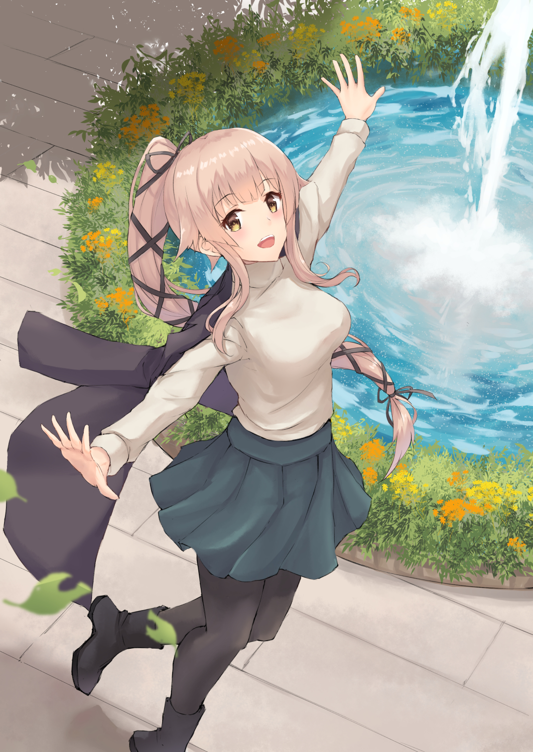 1girl alternate_costume bangs beige_sweater black_footwear black_legwear blush boots breasts brown_eyes eyebrows_visible_through_hair flower fountain full_body grey_jacket grey_skirt hair_flaps hair_ribbon highres jacket jacket_on_shoulders k_jie kantai_collection long_hair long_sleeves looking_at_viewer medium_breasts open_mouth outstretched_arms pink_hair pleated_skirt ponytail ribbon skirt solo very_long_hair yura_(kantai_collection)