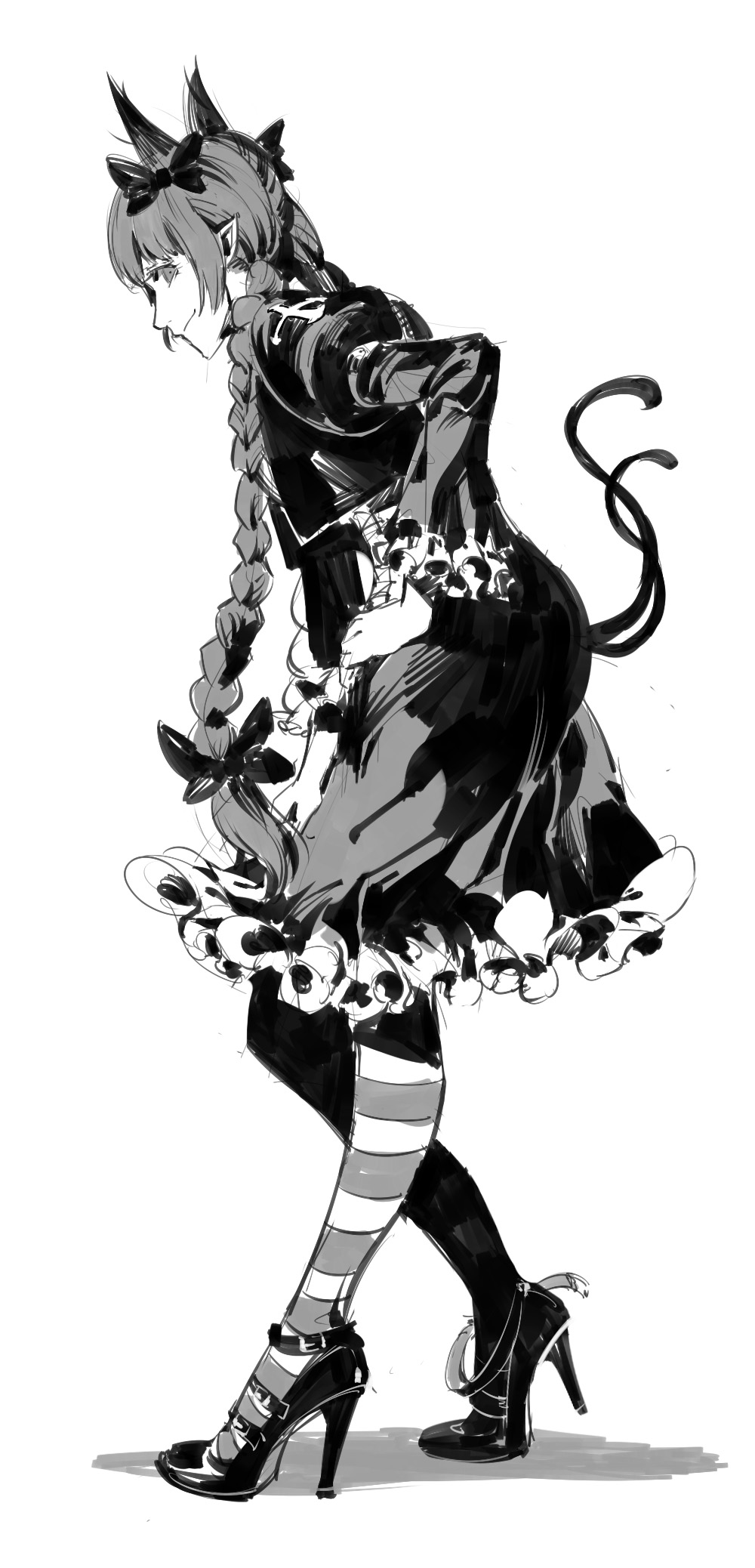 1girl animal_ears bow braid cat_ears cat_tail closed_mouth frilled_skirt frilled_sleeves frills from_side full_body greyscale hair_bow hair_ribbon hand_on_hip high_heels highres kaenbyou_rin long_hair long_sleeves monochrome multiple_tails pantyhose pointy_ears ribbon ruukii_drift simple_background skirt smile solo standing striped striped_legwear tail touhou tress_ribbon twin_braids two_tails very_long_hair white_background