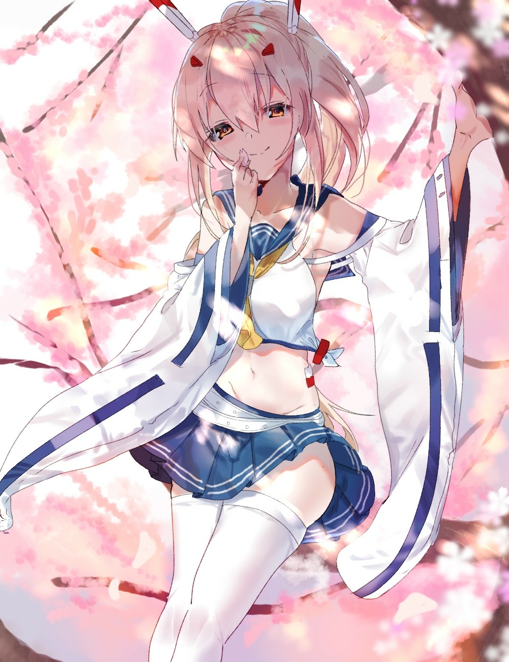 1girl ayanami_(azur_lane) azur_lane bangs bare_shoulders belt blue_sailor_collar blush breasts cherry_blossoms collarbone commentary_request cowboy_shot crop_top eyebrows_visible_through_hair groin hair_between_eyes hair_ornament headgear high_ponytail highres holding_petal in_tree jinbei_(user_tpny4757) long_hair looking_at_viewer medium_breasts midriff navel neckerchief orange_eyes platinum_blonde_hair pleated_skirt ponytail retrofit_(azur_lane) ribbon-trimmed_sleeves ribbon_trim sailor_collar shirt sidelocks skirt smile solo standing thigh-highs tied_shirt tree tree_shade white_belt white_legwear white_shirt wide_sleeves yellow_neckwear zettai_ryouiki