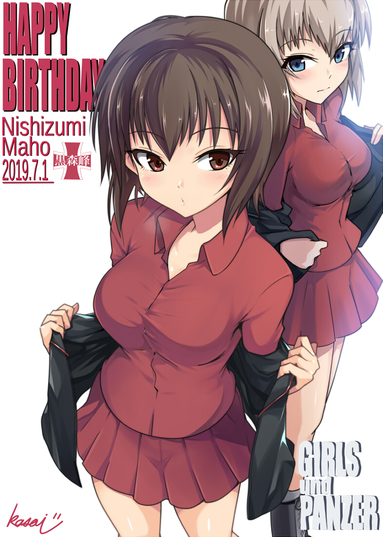 2girls artist_name bangs black_jacket blush brown_eyes brown_hair character_name closed_mouth commentary copyright_name dated dress_shirt emblem english_text eyebrows_visible_through_hair frown girls_und_panzer happy_birthday itsumi_erika jacket jacket_pull kasai_shin kuromorimine_(emblem) kuromorimine_military_uniform long_sleeves looking_at_viewer military military_uniform miniskirt multiple_girls nishizumi_maho off_shoulder pleated_skirt pulled_by_self red_shirt red_skirt shirt short_hair signature skirt standing undressing uniform white_background wing_collar