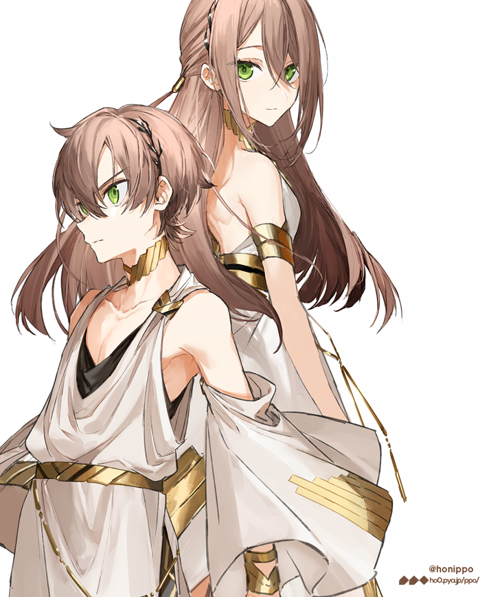 1boy 1girl adele_(fate) akira_hou back-to-back backless_dress backless_outfit belt bracelet brown_hair choker dress fate/grand_order fate_(series) green_eyes jewelry long_hair makarios_(fate) siblings tunic twins twitter_username white_background wide_sleeves