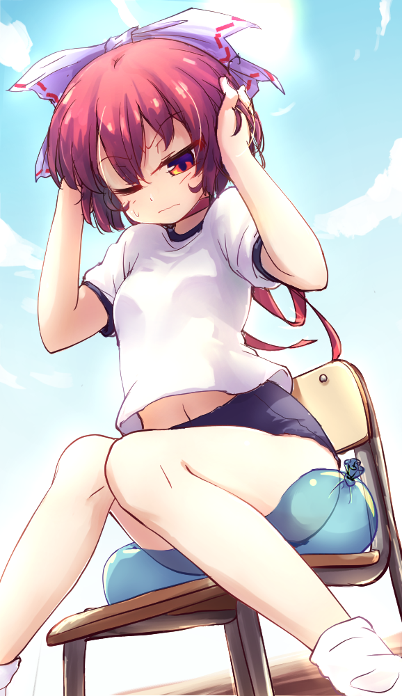 1girl alternate_costume balloon bare_legs bow buruma chair closed_mouth commentary_request covering_ears day gym_uniform hair_bow isu_(is88) one_eye_closed purple_bow red_eyes redhead sekibanki shirt short_hair short_sleeves simple_background sitting socks solo sweat touhou white_shirt