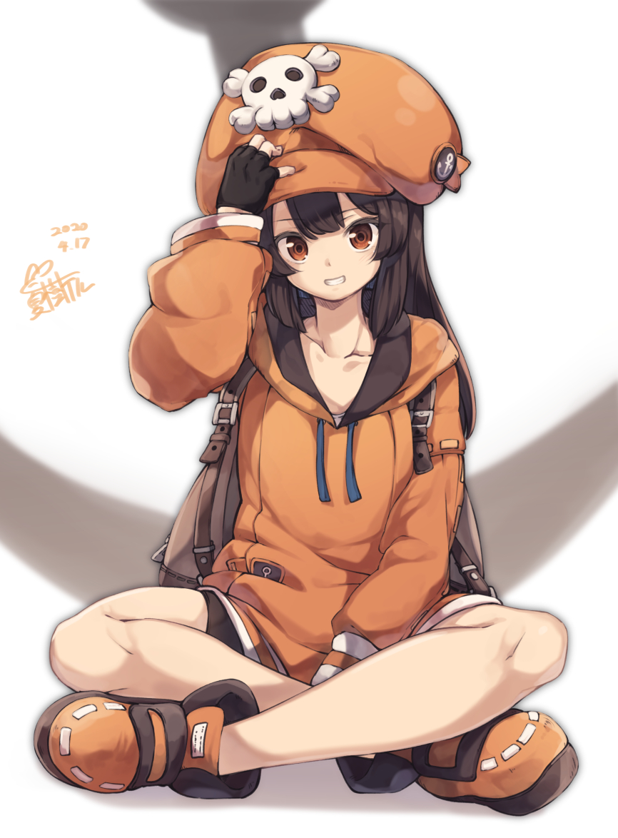 1girl arm_up backpack bag bangs bike_shorts black_gloves black_shorts boots brown_eyes brown_hair cabbie_hat collarbone commentary_request crossed_legs dated drawstring eyebrows_visible_through_hair fingerless_gloves full_body gloves grin guilty_gear guilty_gear_strive hand_on_headwear hat hood hood_down hoodie long_hair long_sleeves looking_at_viewer may_(guilty_gear) natsuki_teru orange_footwear orange_headwear orange_hoodie puffy_long_sleeves puffy_sleeves short_shorts shorts signature sitting skull_and_crossbones smile solo very_long_hair white_background