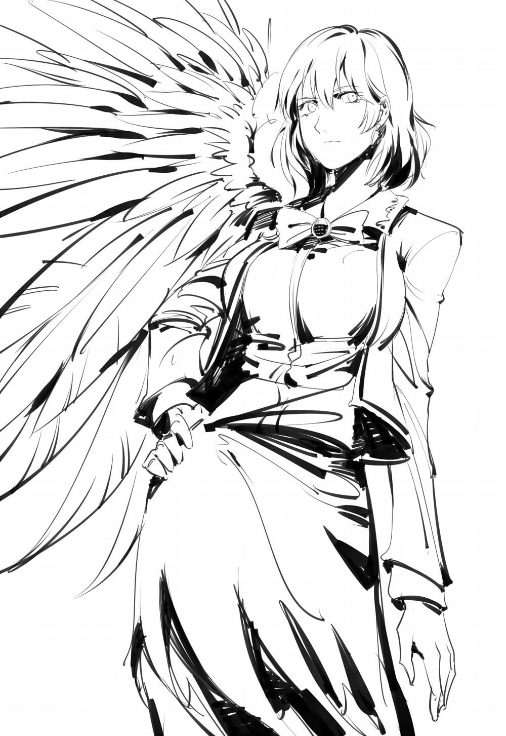 1girl arm_at_side bow bowtie closed_mouth contrapposto feathered_wings greyscale hair_between_eyes highres jacket kishin_sagume long_skirt long_sleeves monochrome open_clothes open_jacket ruukii_drift short_hair simple_background single_wing skirt solo spread_wings standing touhou white_background wings