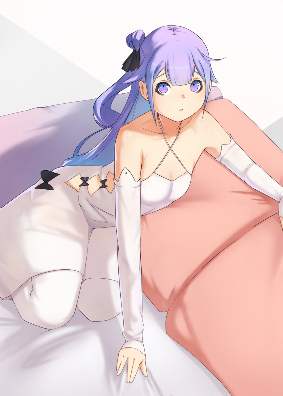 1girl azur_lane bangs black_bow bow breasts commentary_request detached_sleeves dress eyeliner hair_bow halter_dress highres kasseus_maximus long_hair looking_at_viewer makeup one_side_up petite pillow purple_hair side_bun small_breasts solo spaghetti_strap unicorn_(azur_lane) violet_eyes white_dress white_legwear