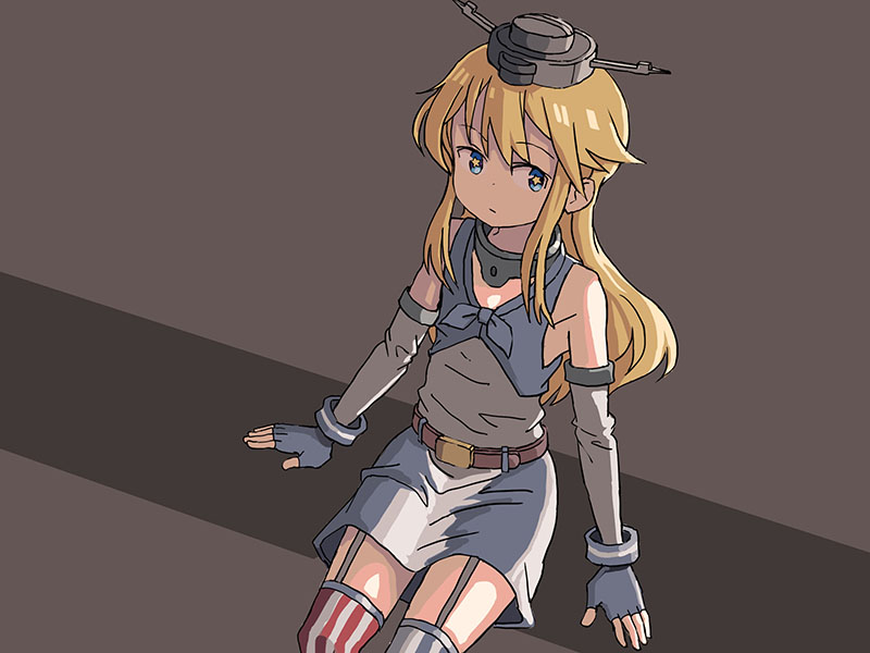 1girl adrian_ferrer alternate_breast_size blonde_hair blue_eyes brown_background commentary english_commentary feet_out_of_frame fingerless_gloves flat_chest front-tie_top garter_straps gloves grey_gloves iowa_(kantai_collection) kantai_collection long_hair miniskirt mismatched_legwear sitting skirt solo star star-shaped_pupils striped striped_legwear symbol-shaped_pupils thigh-highs two-tone_background vertical-striped_legwear vertical-striped_skirt vertical_stripes