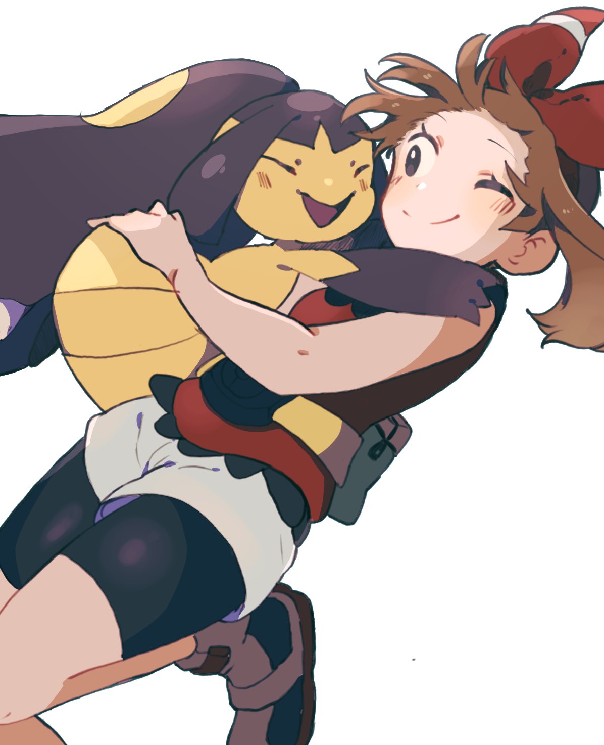 1girl bangs bare_arms bike_shorts bike_shorts_under_shorts blush brown_hair closed_mouth donguri_big eyelashes grey_shorts highres holding holding_pokemon hug leg_up mawile may_(pokemon) pokemon pokemon_(creature) pokemon_(game) pokemon_oras red_shirt shirt shoes shorts simple_background sleeveless sleeveless_shirt smile split_mouth symbol-only_commentary white_background