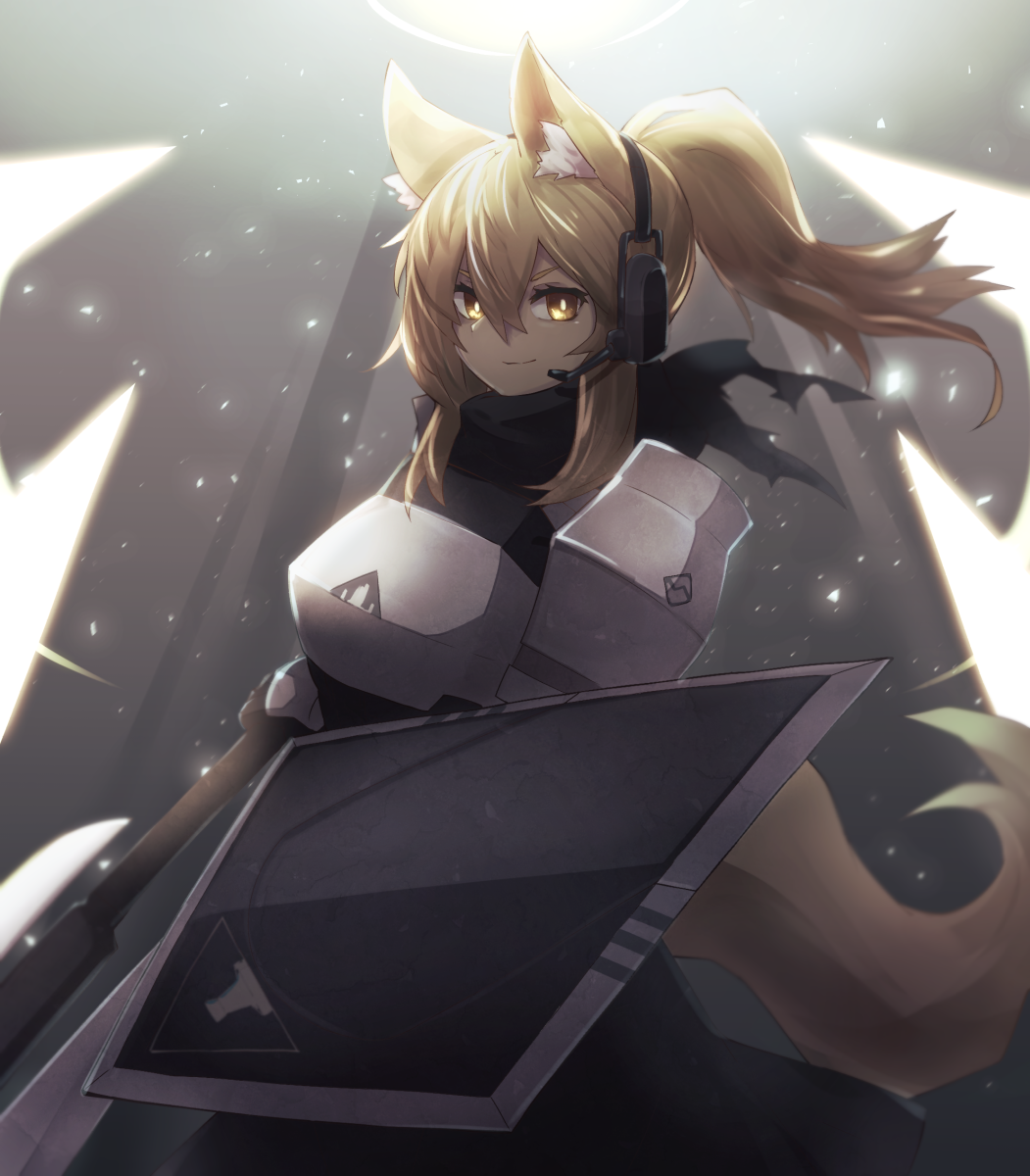 1girl alder animal_ear_fluff animal_ears arknights armor bangs blonde_hair breastplate commentary_request hair_between_eyes headphones headset highres large_tail light_particles long_hair looking_at_viewer nearl_(arknights) pauldrons ponytail shield smile solo tail upper_body yellow_eyes