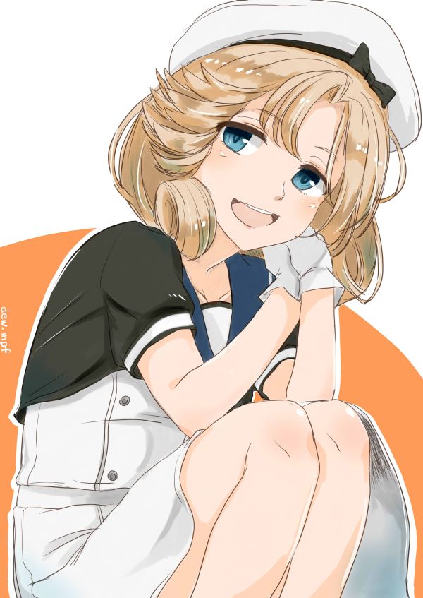 1girl bangs black_neckwear blonde_hair blue_eyes blue_sailor_collar commentary_request dress gloves hat janus_(kantai_collection) kantai_collection kote_(dew) looking_at_viewer open_mouth orange_background parted_bangs round_teeth sailor_collar sailor_dress sailor_hat short_hair short_sleeves sitting smile solo teeth two-tone_background upper_teeth white_background white_dress white_gloves white_headwear