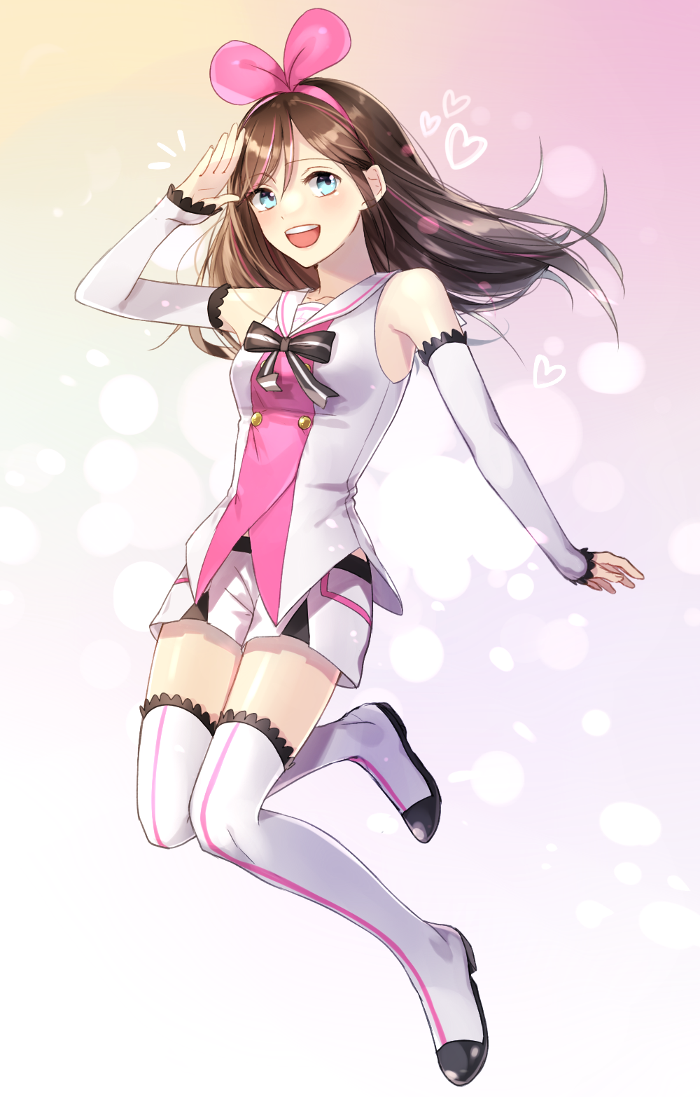 1girl :d a.i._channel bangs blue_eyes boots brown_hair chan_bra555 collarbone detached_sleeves eyebrows_visible_through_hair floating_hair full_body gradient gradient_background hair_between_eyes hairband heart highres kizuna_ai long_hair long_sleeves looking_at_viewer open_mouth pink_background pink_hairband sailor_collar shiny shiny_hair shirt short_shorts shorts sleeveless sleeveless_shirt smile solo thigh-highs thigh_boots virtual_youtuber white_background white_footwear white_sailor_collar white_shorts white_sleeves zettai_ryouiki