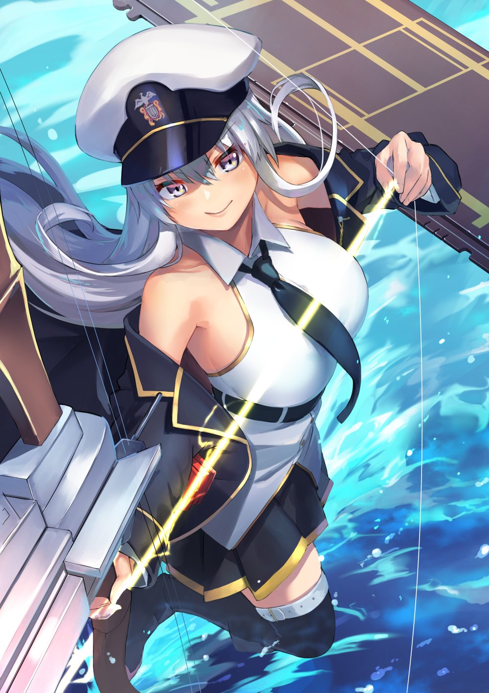 1girl armpits arrow azur_lane bangs bare_shoulders belt black_belt black_coat black_legwear black_neckwear black_skirt bow_(weapon) breasts coat collarbone collared_shirt commentary_request drawing_bow enterprise_(azur_lane) eyebrows_visible_through_hair flight_deck from_above full_body hair_between_eyes hat highres holding holding_bow_(weapon) holding_weapon large_breasts long_hair long_sleeves looking_at_viewer military_hat necktie ocean off-shoulder_coat open_clothes open_coat peaked_cap pleated_skirt shimozuki_shio shirt sidelocks silver_hair skirt sleeveless sleeveless_shirt smile solo standing standing_on_liquid standing_on_one_leg thigh-highs underbust violet_eyes weapon white_headwear white_shirt zettai_ryouiki
