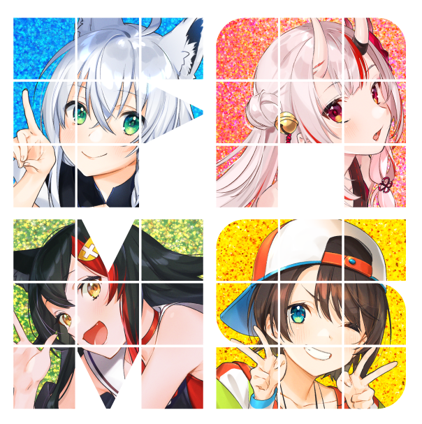 4girls ahoge animal_ear_fluff animal_ears backwards_hat bangs baseball_cap bell black_hair blue_eyes blush brown_hair choker closed_mouth collarbone commentary double_v eyebrows_visible_through_hair fams_(group) fang fox_ears fox_shadow_puppet green_eyes grin hair_bell hair_between_eyes hair_bun hair_ornament hat hololive long_hair looking_at_viewer mask mask_on_head multicolored_hair multiple_girls nakiri_ayame nokachoco114 oni_horns oni_mask ookami_mio oozora_subaru open_mouth parted_bangs portrait red_choker red_eyes redhead shirakami_fubuki shirt short_hair side_bun silver_hair smile streaked_hair swept_bangs two-tone_hair v virtual_youtuber waving wolf_ears yellow_eyes