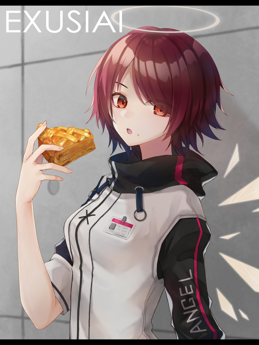 1girl :o apple_pie arknights bangs breasts character_name commentary_request exusiai_(arknights) food halo hand_up high_collar highres holding holding_food id_card indoors jacket letterboxed looking_at_viewer medium_breasts open_mouth ougi_(u_to4410) partial_commentary pie raglan_sleeves red_eyes redhead short_hair short_sleeves solo upper_body white_jacket