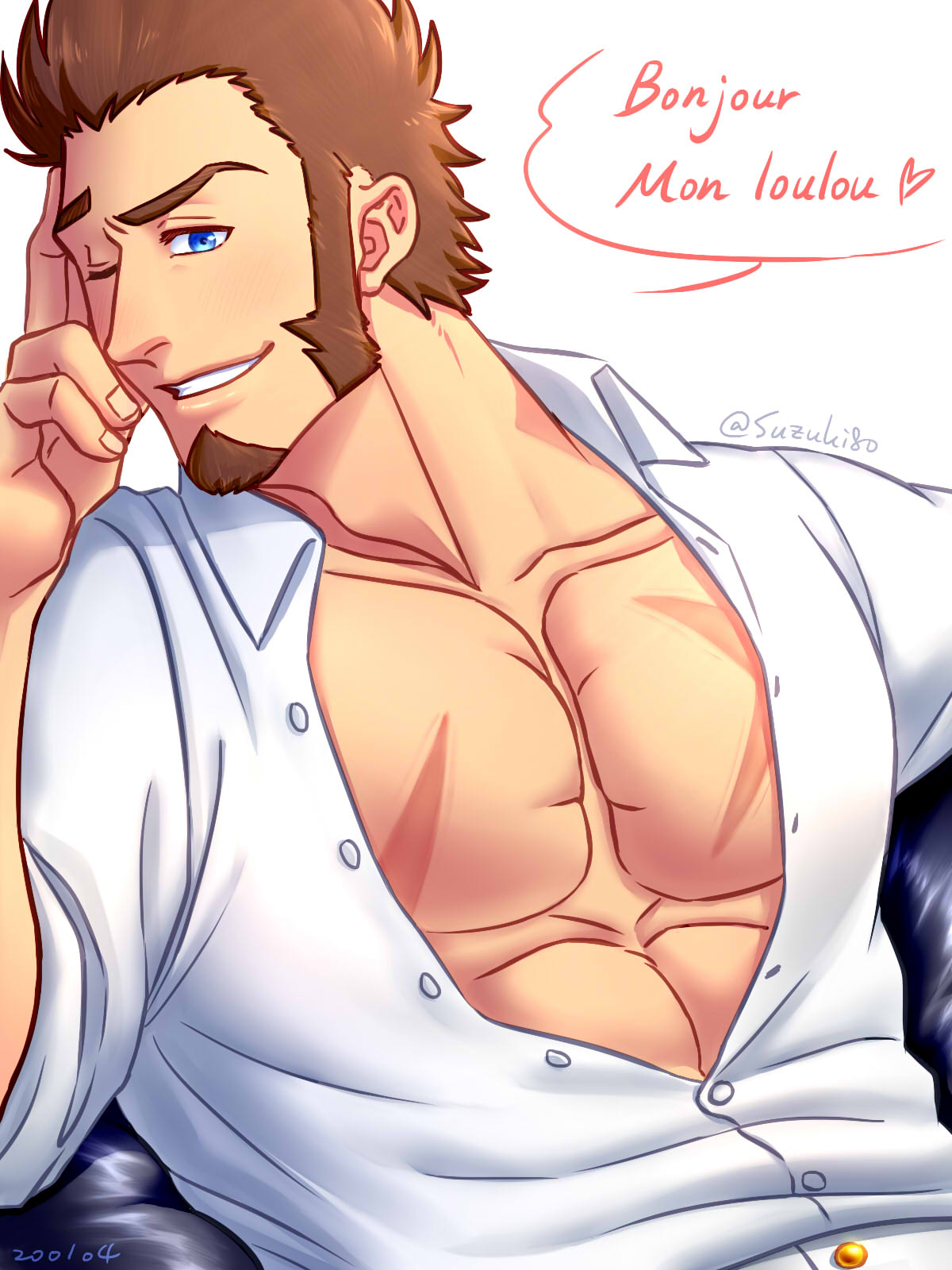 1boy abs beard blue_eyes brown_hair chest english_text facial_hair fate/grand_order fate_(series) highres jacket long_sleeves looking_at_viewer male_focus muscle napoleon_bonaparte_(fate/grand_order) one_eye_closed open_clothes pectorals raised_eyebrow scar simple_background sitting smile solo suzuki80 teeth unbuttoned unbuttoned_shirt upper_body white_jacket