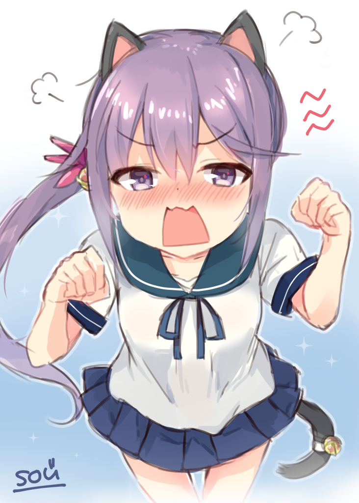 1girl akebono_(kantai_collection) animal_ears bell blue_sailor_collar blue_skirt blush cat_ears cat_tail cowboy_shot flower hair_bell hair_flower hair_ornament jingle_bell kantai_collection leaning_forward long_hair looking_at_viewer nose_blush open_mouth pleated_skirt purple_hair sailor_collar school_uniform serafuku short_sleeves side_ponytail skirt solo sou_(soutennkouchi) tail very_long_hair violet_eyes