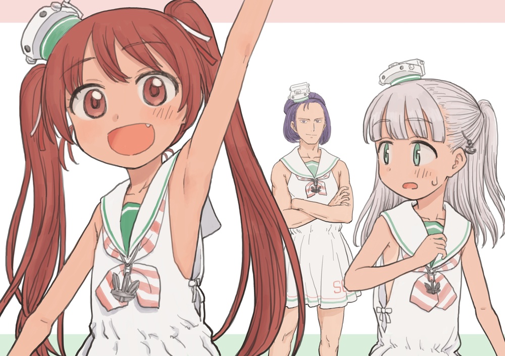 1boy 2girls arm_up armpit_crease armpits blush brown_eyes brown_hair child collarbone cosplay crossdressinging crossed_arms fang green_eyes gundam kantai_collection libeccio_(kantai_collection) looking_back maestrale_(kantai_collection) multiple_girls omodaka_(nitera1041) one_side_up paptimus_scirocco silver_hair simple_background sleeveless sweatdrop tan tanline twintails