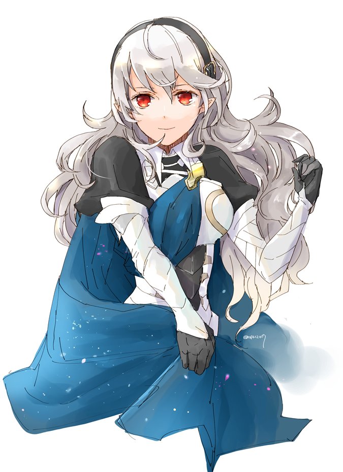 1girl armor black_gloves black_hairband blue_cape cape closed_mouth corrin_(fire_emblem) corrin_(fire_emblem)_(female) fire_emblem fire_emblem_fates gloves hairband long_hair pointy_ears red_eyes robaco simple_background smile solo twitter_username white_background white_hair