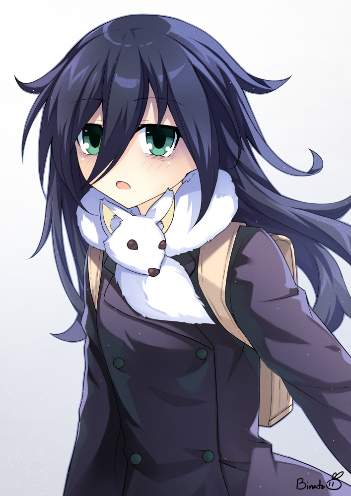 1girl backpack bag bags_under_eyes binato_lulu black_hair black_jacket blush coat double-breasted green_eyes hair_between_eyes jacket kuroki_tomoko long_hair looking_at_viewer messy_hair open_mouth signature simple_background solo watashi_ga_motenai_no_wa_dou_kangaetemo_omaera_ga_warui!