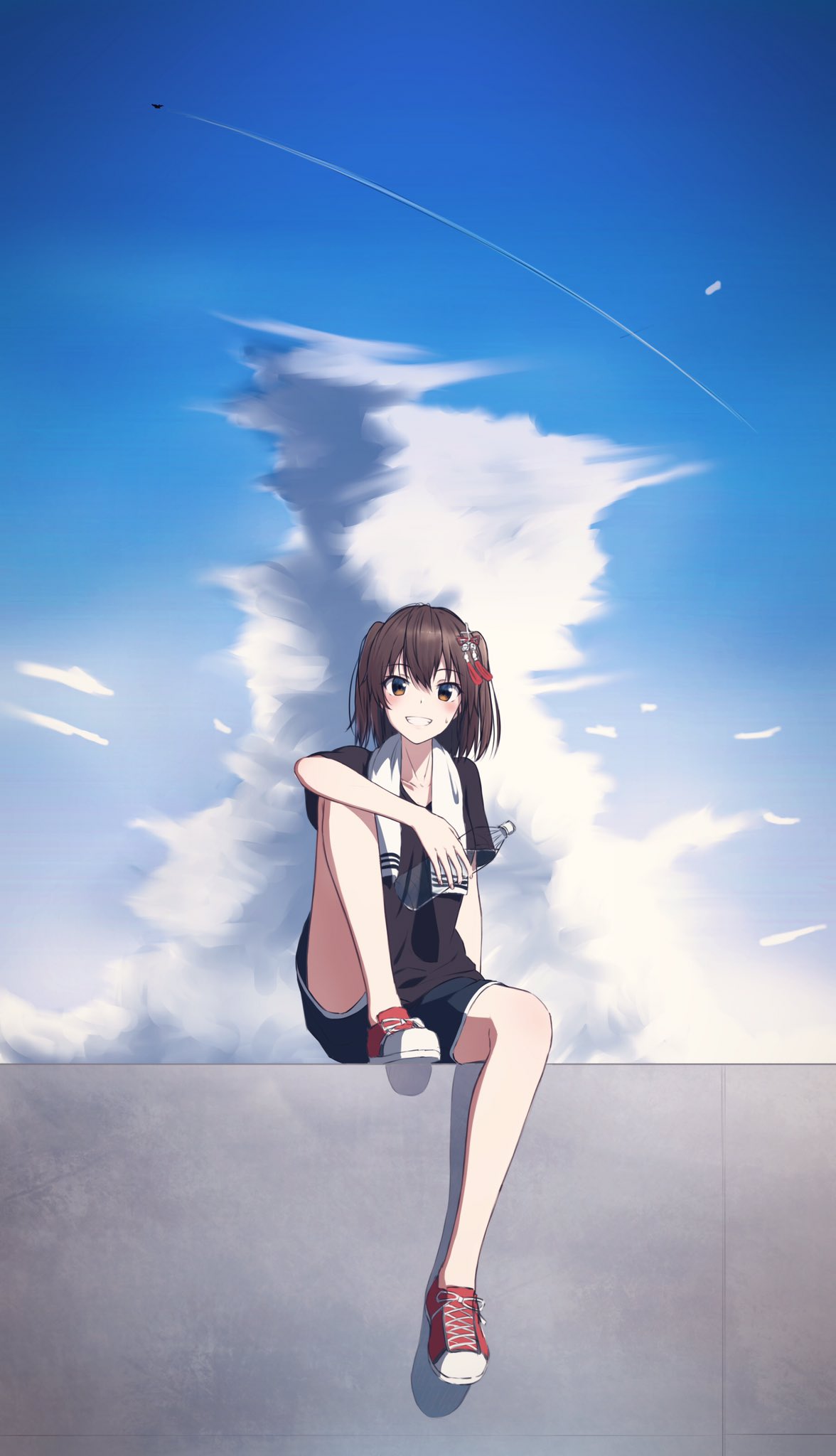 1girl alternate_costume bangs black_shirt blush bottle brown_hair clouds day eyebrows_visible_through_hair grin hair_ornament highres holding kantai_collection outdoors rankebu red_footwear sendai_(kantai_collection) shirt shoes short_sleeves shorts sitting sky smile sneakers solo towel towel_around_neck two_side_up water_bottle work_in_progress