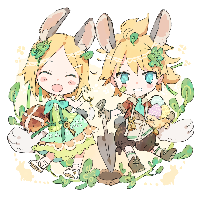 1boy 1girl animal_ears aqua_eyes bangs blonde_hair blush_stickers boots bow bread bunny_tail chibi closed_eyes clover_hair_ornament commentary easter easter_egg egg facing_viewer food grin hair_bow hair_ornament holding holding_food holding_shovel hole kagamine_len kagamine_rin kinugasa_moduru looking_at_viewer open_mouth rabbit_ears short_hair short_ponytail shovel smile spiky_hair swept_bangs tail vocaloid