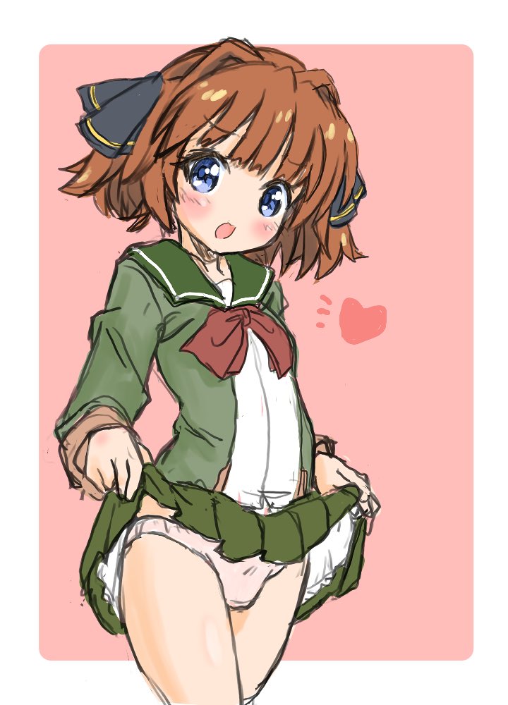 1girl black_ribbon blue_eyes brown_hair commentary_request cowboy_shot ehime_mikan green_jacket green_sailor_collar green_skirt hachijou_(kantai_collection) hair_ribbon jacket kantai_collection lifted_by_self long_sleeves neck_ribbon panties pink_background pleated_skirt red_ribbon ribbon sailor_collar school_uniform serafuku short_hair skirt skirt_lift solo two-tone_background underwear white_background white_panties