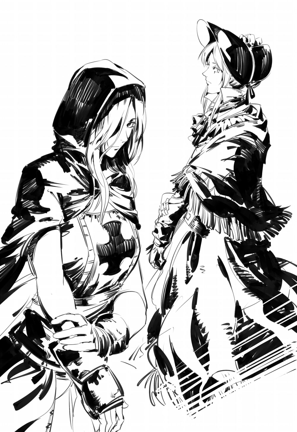2girls bloodborne bonnet cape capelet closed_mouth cravat crossover dark_souls_ii dress emerald_herald gauntlets greyscale hair_over_one_eye highres hood hood_up hooded_cape long_sleeves looking_at_viewer monochrome multiple_girls one_eye_covered plain_doll ruukii_drift simple_background souls_(from_software) standing tabard white_background