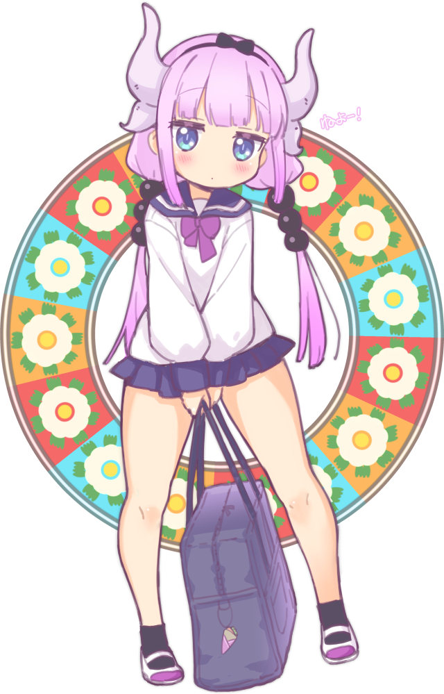 1girl bag bangs beads blue_eyes blunt_bangs blush commentary_request full_body hair_beads hair_ornament horns jigatei_(omijin) kanna_kamui kobayashi-san_chi_no_maidragon long_hair looking_at_viewer low_twintails miniskirt purple_hair school_uniform serafuku skirt solo standing twintails